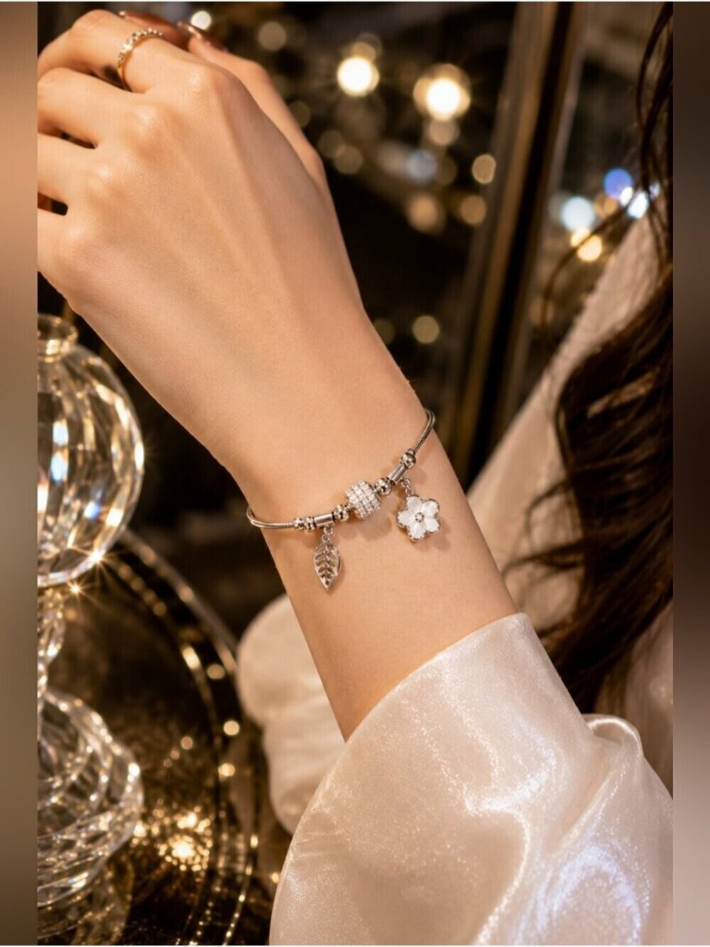 Silver Charm Bracelet with Crystal Bead, Flower & Leaf Charms | Adjustable Stain